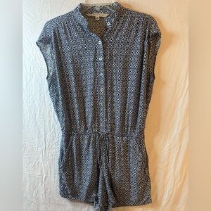 Max Studio Blue Geometric Romper XS Tie Waist Button Front